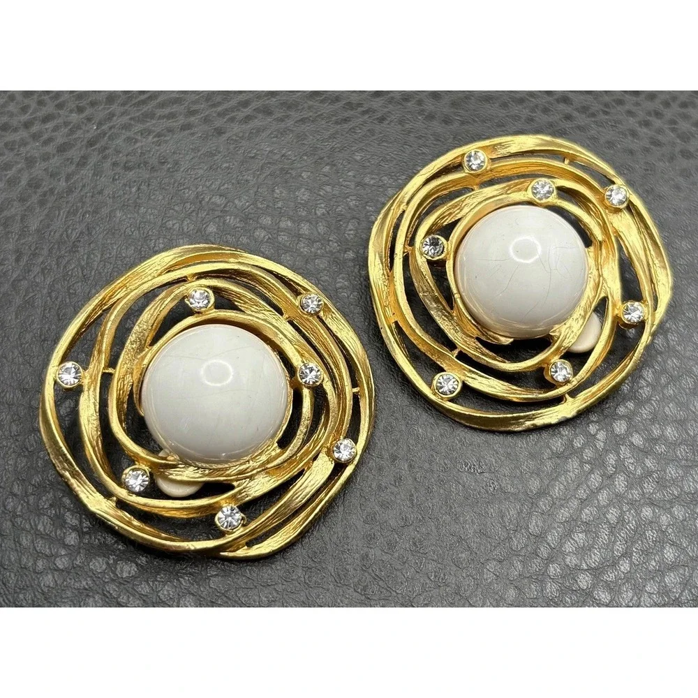 HUGE 80s Rhinestone Abstract Modernist Runway Chunky Statement Clip On Earrings